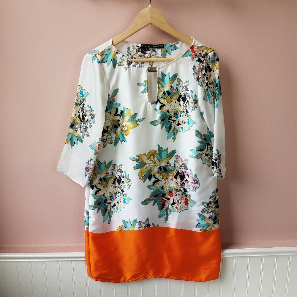Zara Basic Floral Shift Tunic Mini Keyhole Dress - image 1
